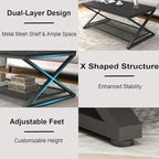 LVB Black Coffee Table, Metal Wood 2 Tier Center Tables with Storage Shelf, Modern Rectangular Cocktail Tea Table for Living Room, Wooden Middle Concrete Table for Office Bedroom, 39 inch, Black Oak