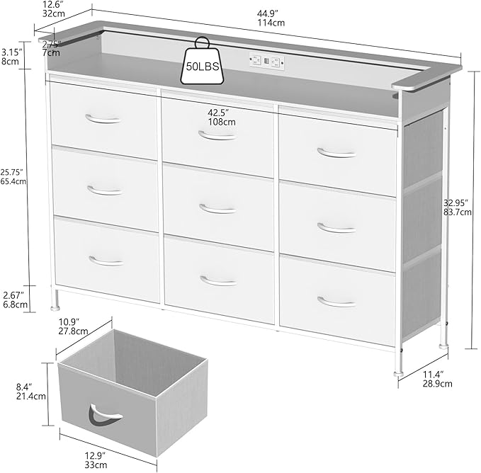 EXOTICA White Dresser with LED Light for Bedroom 9 Drawer Dressers with Charging Station Chests of Drawers for Entryway Closet Living Room Hallway Sturdy Steel Frame Wooden Top Easy Pull Handle