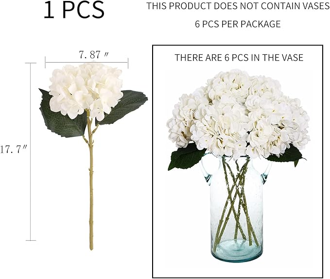Kimura's Cabin 6pcs Faux White Hydrangeas Fake Flowers Artificial Silk Hydrangea Flower With Stems Bouquets Arrangement for Home Table Centerpieces Wedding Baby Shower Birthday Party Decoration(White)