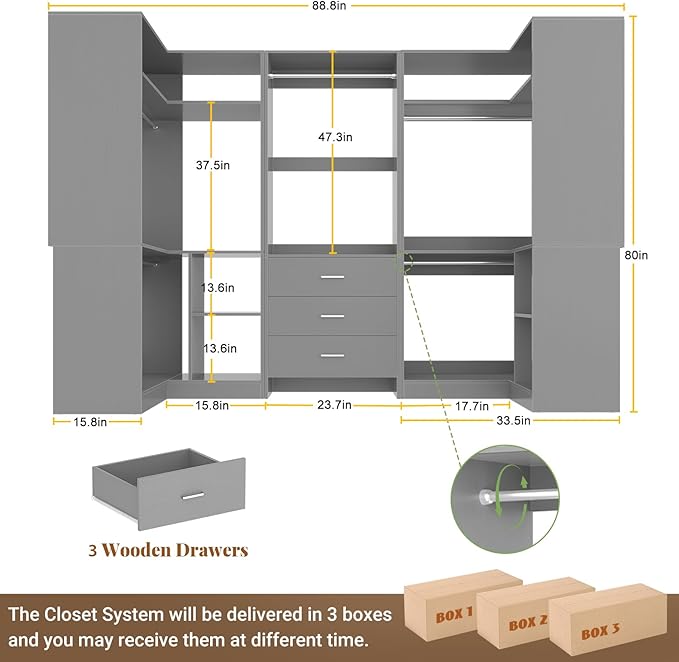 Aheaplus Closet System with 3 Drawers, 5 Hanging Rods & Corner Tower, Corner Closet System with Hanging, 88.8" U-Shaped Walk-In Wardrobe Organizer, 2000+ lbs Capacity, Set of 3,Grey