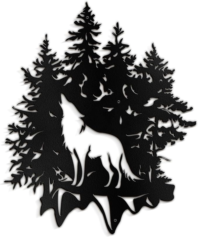 SIGNLEADER Metal Wall Art Decor Wolf and Pine Tree Minimalist Modern Abstract Wall Sculpture Hangings Home Decoration for Living Room, Bedroom, Bathroom, Kitchen, Outdoor - 24" Black