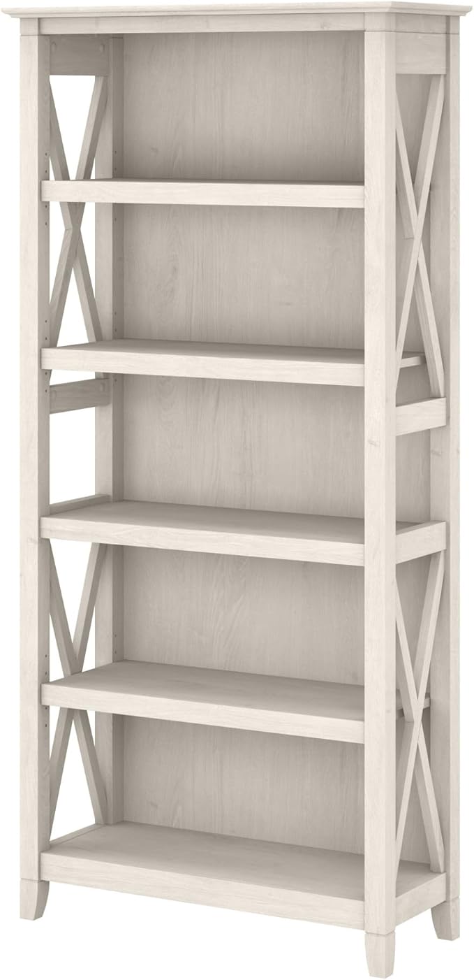 Bush Home Tall 5 Shelf Bookcase for Living Room or Home Office, Large Bookshelf, Modern Farmhouse Style, Key West Collection, Linen White Oak