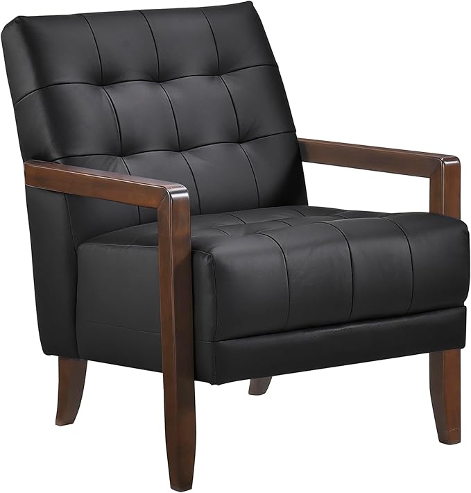 Lexicon Modern Accent Chair, Luxury Genuine Leather Match Living Room Chair with Tufted Cushions, Solid Wood Frame and Arm Rest, Comfy Upholstered Single Seat for Bedroom/Reading/Office, Black