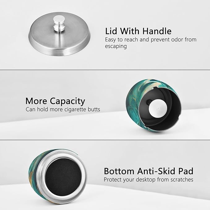 Green Gold Marble Textures Ashtray with Lid, Outdoor Ashtrays for Patio, Stainless Steel Ashtray Odorless Smokeless for Home Office Balcony