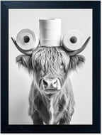 Funny Highland Cow Bathroom Wall Art with Toilet Paper on Head, Humorous Farmhouse Sign for Bathroom Decor, Rustic Black Framed Canvas Print for Restroom Toilet, Ready to Hang 8x10 Inch