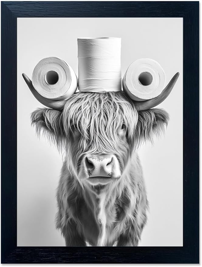 Funny Highland Cow Bathroom Wall Art with Toilet Paper on Head, Humorous Farmhouse Sign for Bathroom Decor, Rustic Black Framed Canvas Print for Restroom Toilet, Ready to Hang 8x10 Inch
