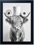 Funny Highland Cow Bathroom Wall Art with Toilet Paper on Head, Humorous Farmhouse Sign for Bathroom Decor, Rustic Black Framed Canvas Print for Restroom Toilet, Ready to Hang 11"x14"