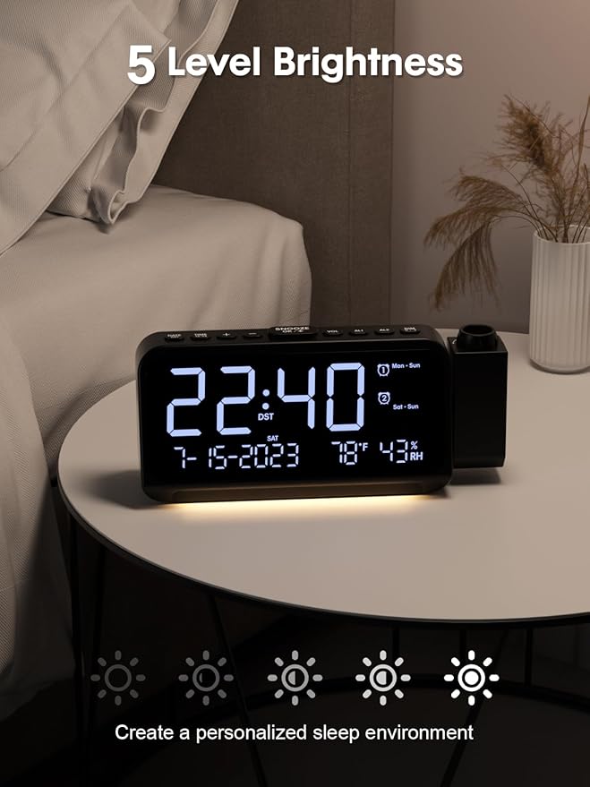 ROCAM Projection Alarm Clock, Digital Clock with 180° Projector on Ceiling Wall, Dual Loud Alarm Clocks for bedrooms with Weekday/Weekend Mode,2 USB Ports, Dimmer, Temp, Humidity, Night Light, Snooze