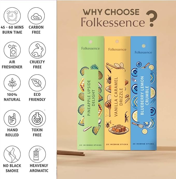 Folkulture Incense Sticks with Holder (120 Sticks) | Set of 6 Incense Sticks For Aromatherapy,Gifts | No Charcoal, Organic, Non Toxic, 45 Mins, Long Burning Vanilla, Caramel, Strawberry Insence-Sticks