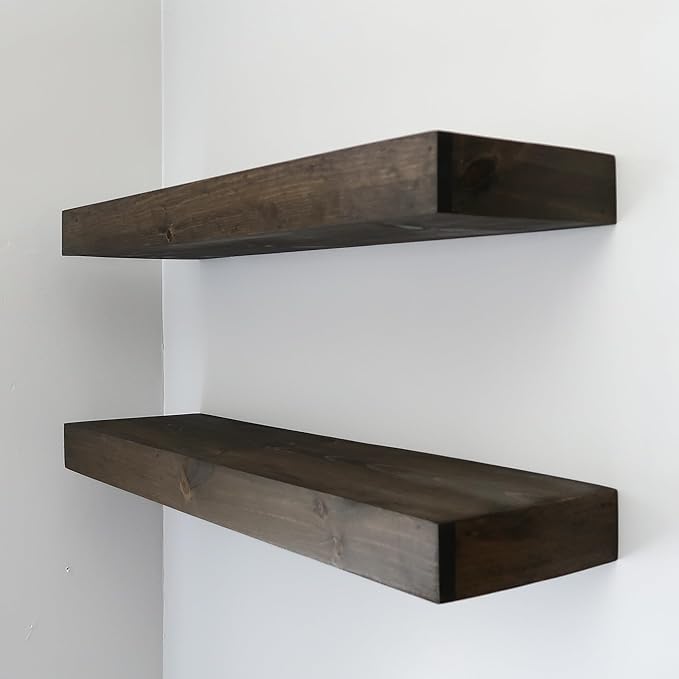 Urbandi Modern Floating Shelves 3 Inches Thick for Wall, Wide Shelves for Kitchen, Living Room, Bedroom, and Bathroom, Natural Pine Wood, Rustic Wooden Shelf, (Set of 2) (Jacobean, 24Lx3Hx6D)