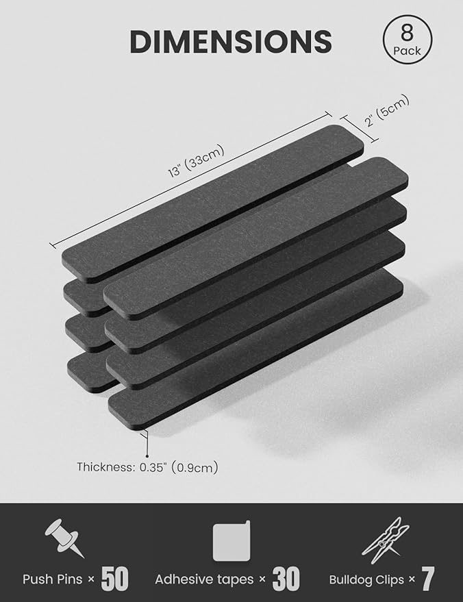 Fluxynara Cork Board Alternative Felt Strip Board 8-Pack 13"x2", Office Pin Board with 50 Push Pins, Adhesive Install for Bedroom Door & Home Office(Charcoal Gray)