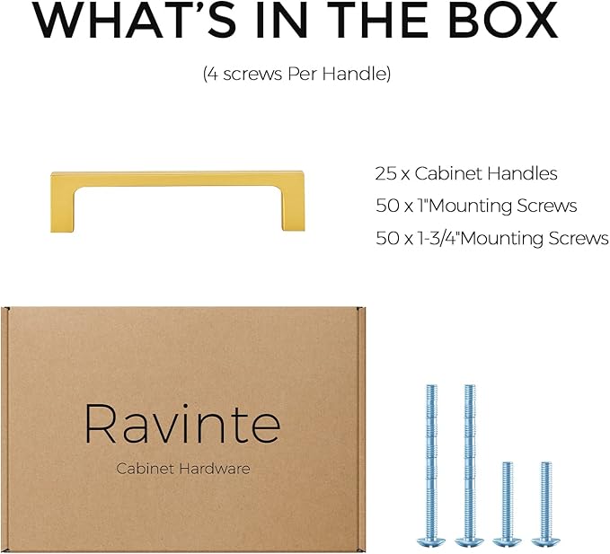 Ravinte 25 Pack Solid 4 Inch Square Cabinet Handles - Brushed Brass Drawer Pulls - Kitchen Hardware Handles