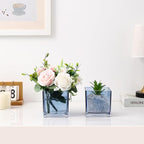 Square Glass Vases Set of 4, 5" x 5" x 5" Blue Flower Vases for Centerpieces, Square Vase for Flowers, Small Vase for Wedding, Party, Home Office Decoration