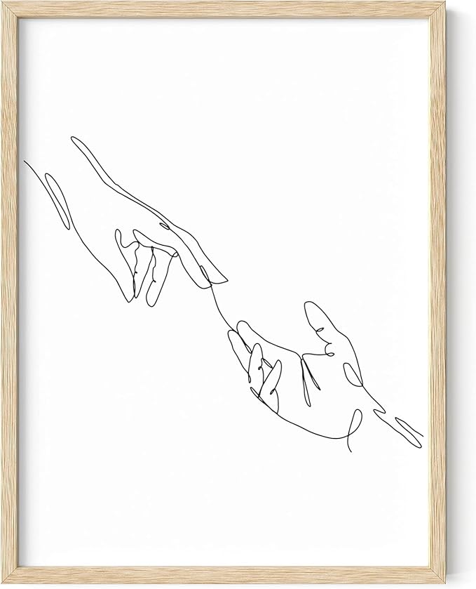 Minimalist Reaching Hands Wall Art Continuous Line Drawing Connection Symbol 12x16 Inch Oak Wood Beige Framed Aesthetic Modern Decor Print for Bedroom Living Room