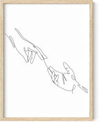 Minimalist Reaching Hands Wall Art Continuous Line Drawing Connection Symbol 12x16 Inch Oak Wood Beige Framed Aesthetic Modern Decor Print for Bedroom Living Room