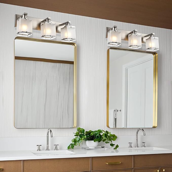 Modern 3-Lights Brushed Nickel Vanity Lights, Bathroom Light Fixture Over Mirror Wall Lighting Sconces with Frosted Glass Shades, E26 Bulb Base