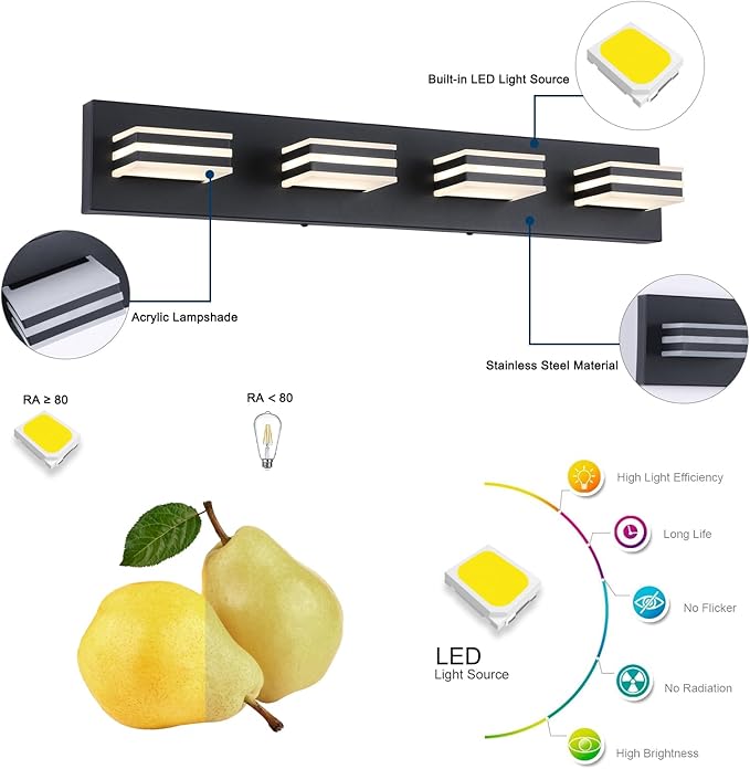 4-Light LED Black Vanity Lights for Bathroom Light Fixtures Adjust 3 Colors Modern Bath Lighing Over Mirror LED Vanity Light 27inch Acrylic Heads