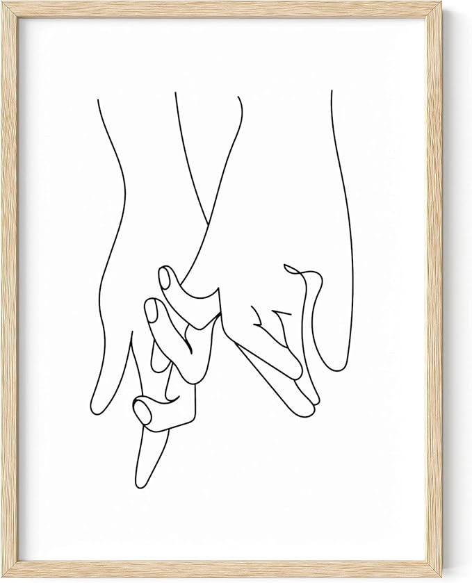 Holding Hands Wall Art Interlocking Fingers Continuous Line Drawing Love Connection 12x16 Inch Oak Wood Beige Framed Modern Romance Print for Bedroom