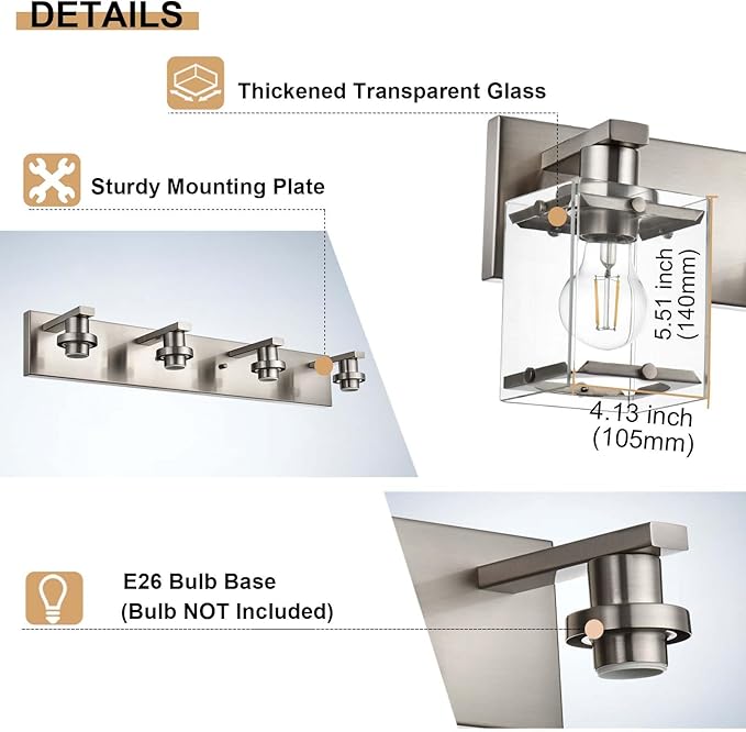 4-Lights Bathroom Vanity Light Fixtures in Brushed Nickel, E26 Socket Wall Sconce Lighting Fixtures with Clear Glass Shades for Over Mirror Bedroom Living Room Cabinet