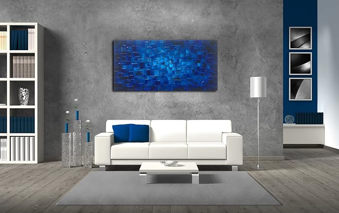 MyArton Large Abstract Dark Blue Square Canvas Wall Art Hand Painted Textured Oil Painting on Canvas Ready To Hang Artwork 56x28inch