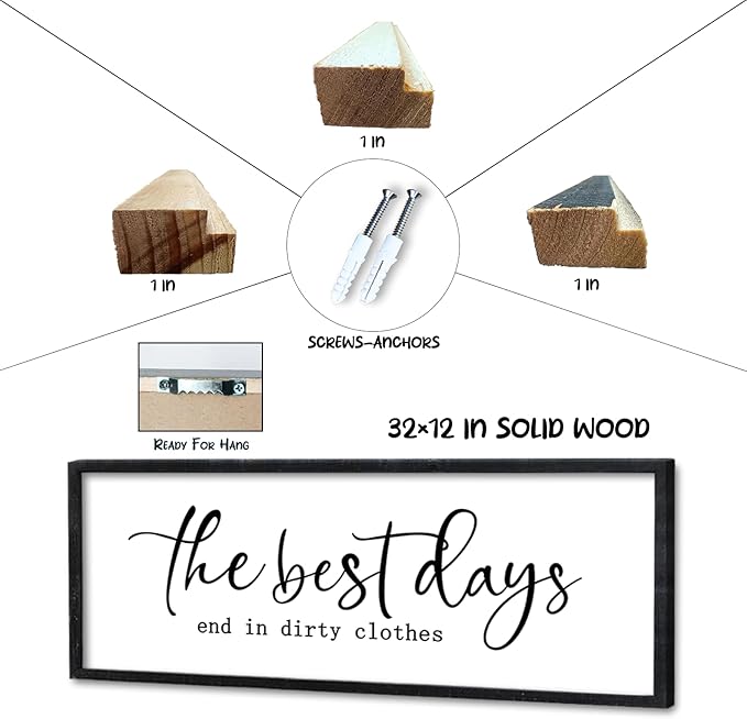 Surfapans Laundry Room Wall Decor The Best Days End In Dirtiest Clothes Sign 32"×12" Funny Rustic Farmhouse above the Bathtub Large Modern Wood Framed Plaque Wall Art Hanging (Black)