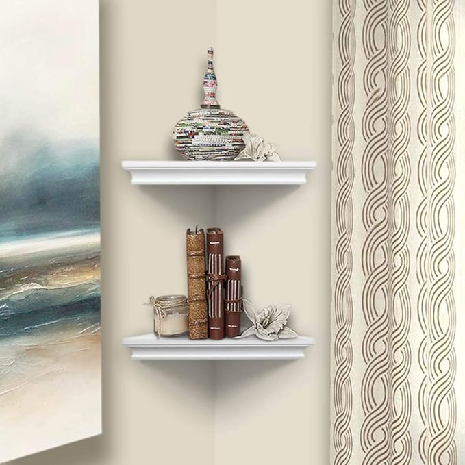 ZGZD White Corner Shelf Wall Mounted Storage Display Shelves for Home Decor, Set of 2