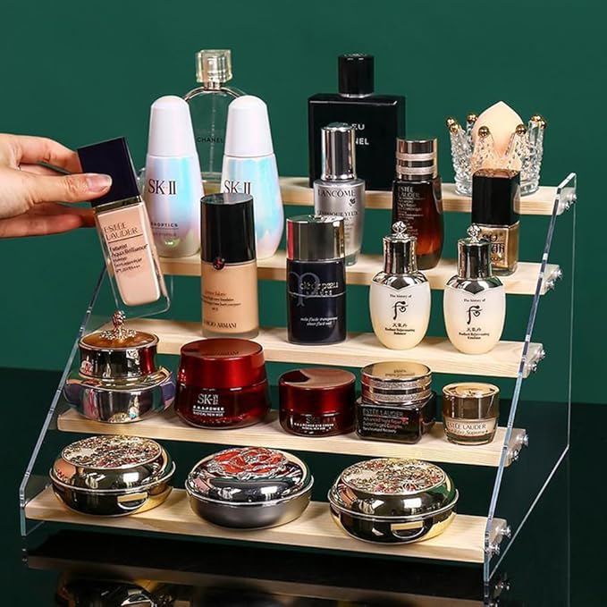 BYCY Wood Display Stand 5 Tier Clear Acrylic Display Shelf Riser for Perfumes Pop Figures Jewelry Cupcake Spice Desserts (1 Pack)