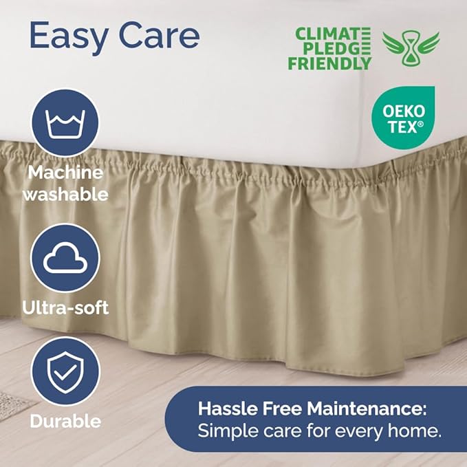 Wrap Around Dust Ruffle Bed Skirt - Beige - for King Size Beds with 18 Inch Drop - Easy Fit Elastic Strap - Adjustable Pleated Bedskirt w/Brushed Fabric - Wrinkle Free - for Women, Men, Kids & Teens