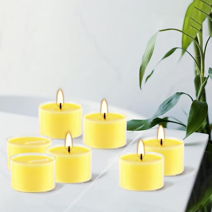 50 Pack Clear Tea Lights Candles Bulk, Summer Citronella Candle Outdoor and Indoor, for Birthday Emergency Home Garden(8 Hour, Yellow)