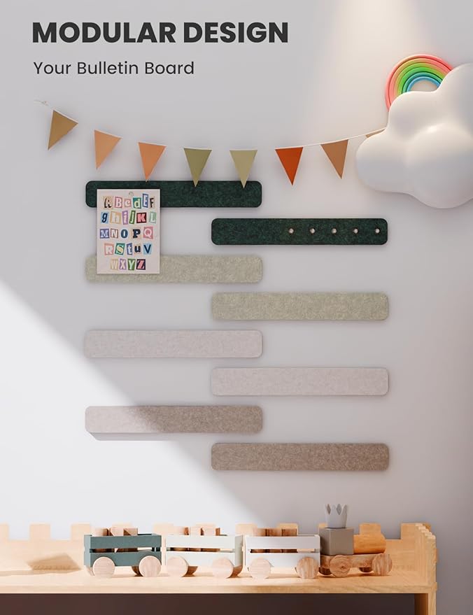 Cork Board Alternative Felt Strip Board 8-Pack 13"x2", Office Pin Board with 50 Push Pins, Adhesive Install for Bedroom Door & Home Office(Nordic Moss)