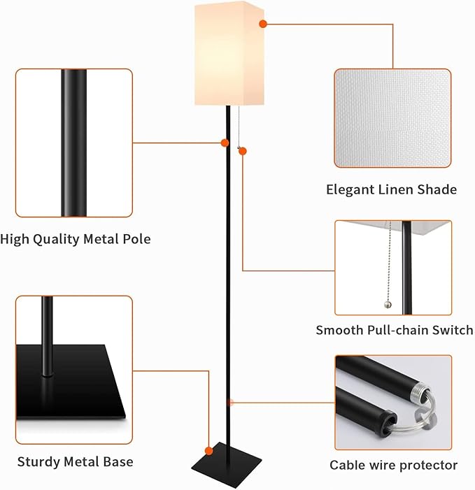 Floor Lamp for Living Room, Modern Standing Lamp for Bedroom with Linen Shade, Black Corner Floor Lamp for Office Kids Room, Bulb Included