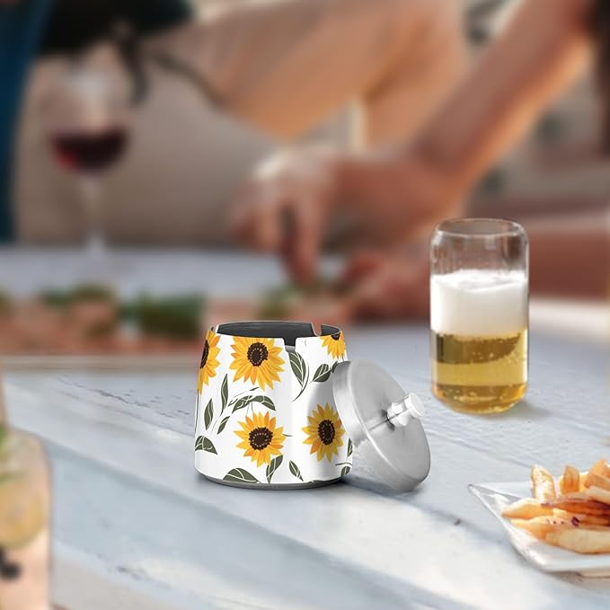 Cute Sunflowers White Print Ashtray with Lid, Outdoor Ashtrays for Patio, Stainless Steel Ashtray Odorless Smokeless for Home Office Balcony
