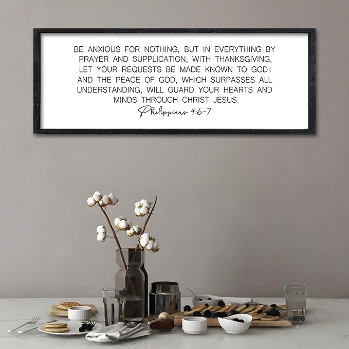 Surfapans Christian Wall Decor Be Anxious for Nothing Sign 32"×12" Philippians 4:6-7 Bible Verse Scripture Positive Quotes Holy Inspirational Religious Jesus Large Wood Framed Hanging Art (Black)