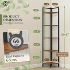 CAPHAUS 5 Tier Corner Shelf, 59.1-Inch Tall Bookshelf, Display Rack With Metal Frame, Round Shelf Unit, Stand for Bathroom, Living Room, Home, Office, Rustic Oak