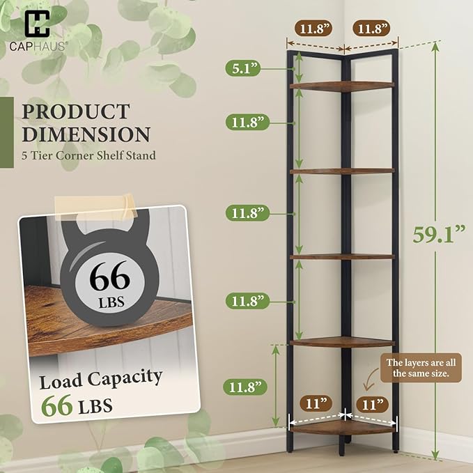 CAPHAUS 5 Tier Corner Shelf, 59.1-Inch Tall Bookshelf, Display Rack With Metal Frame, Round Shelf Unit, Stand for Bathroom, Living Room, Home, Office, Rustic Oak