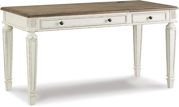 Signature Design by Ashley Realyn Home Office Lift Top Desk, USB Charging, Spring Lift Top, Smooth-gliding Drawer, 60" W x 28" D x 31" H, Chipped White and Brown