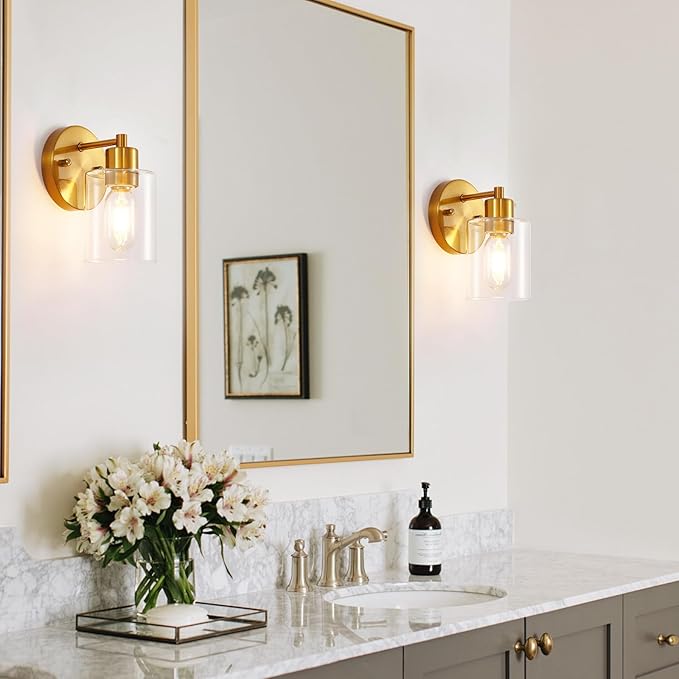 1-Light Wall Sconce Gold,Vanity Light, Wall Mount Bathroom Mirror Fixtures, Brass Bathroom Light fixtures with Clear Glass Shade for Bedroom, Entrance, Hallway, Living Room (1 Pack)