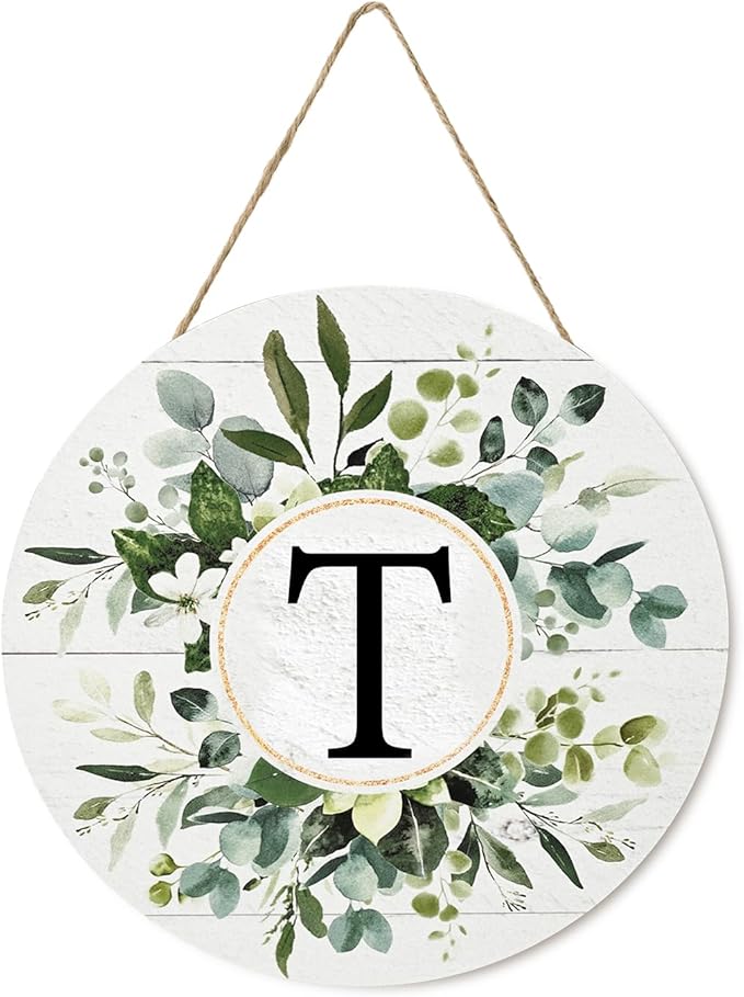 Smile Monogram Letter T Wreaths Wooden Welcome Sign, Family Last Name Initial Front Door Wall Decoration, Floral Spring Summer Porch Rustic Home Kitchen Decor