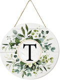 Smile Monogram Letter T Wreaths Wooden Welcome Sign, Family Last Name Initial Front Door Wall Decoration, Floral Spring Summer Porch Rustic Home Kitchen Decor