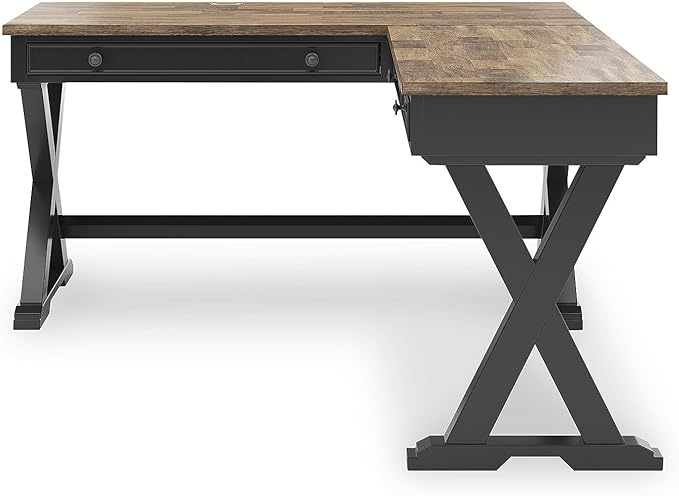 Signature Design by Ashley Wildenauer Casual 3-Drawer Home Office Desk and Return with Drop-Down Keyboard Tray and Cord Management, L-Shaped Desk, Wood, Mango Wood Veneer, Light Brown & Black