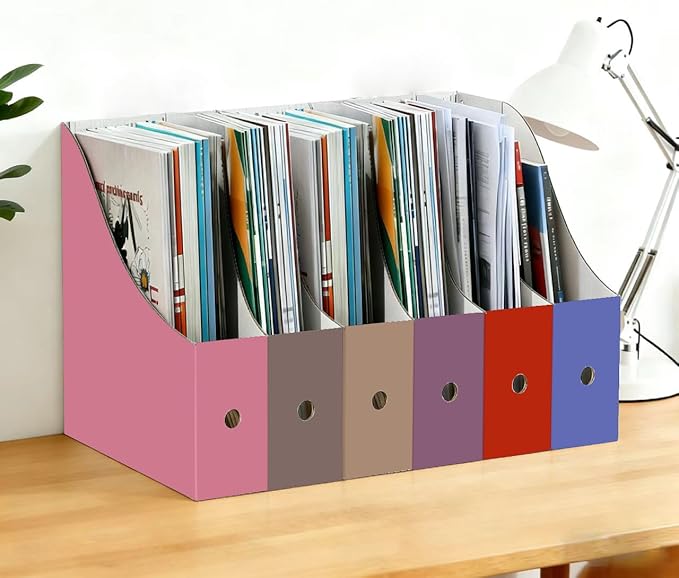 Limitliho Magazine File Folder Holder for Desk, Book Bins for Classroom Library,Office,Home, 10.6" H x 10.2" L x 3.5" W in Cardboard Paper Organizer (Elegant color, 6 Pack)