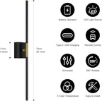 Wall Sconces Set of Two with Remote Control 29.1 in Dimmable Black Gold Battery Operated Wall Lights 350° Ratation 3000K-6000K LED Wireless Rechargeable Sconce for Bathroom Living Room Bedroom