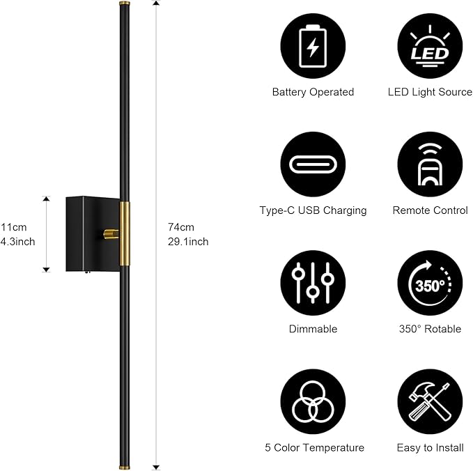 Wall Sconces Set of Two with Remote Control 29.1 in Dimmable Black Gold Battery Operated Wall Lights 350° Ratation 3000K-6000K LED Wireless Rechargeable Sconce for Bathroom Living Room Bedroom