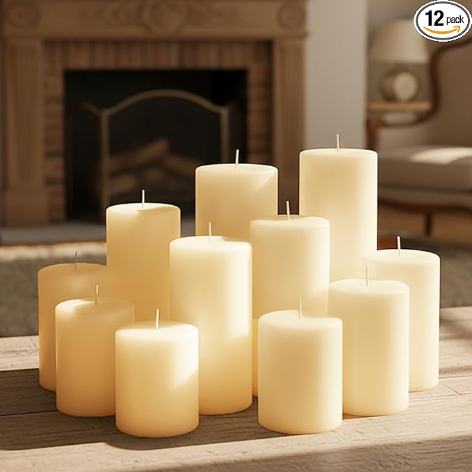 12 Pack Ivory Pillar Candles Bulk Set, 3x3/6/8 Inch - 4 Each Size, Dripless Smokeless Clean Burning for Wedding Centerpieces, Home Decor, Church, Romantic Ambiance！