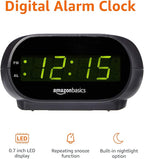 Amazon Basics Small Digital Oval Alarm Clock With LED Display, Nightlight & Battery Backup, Black, 4.5 x 3.5 x 2.4 Inches