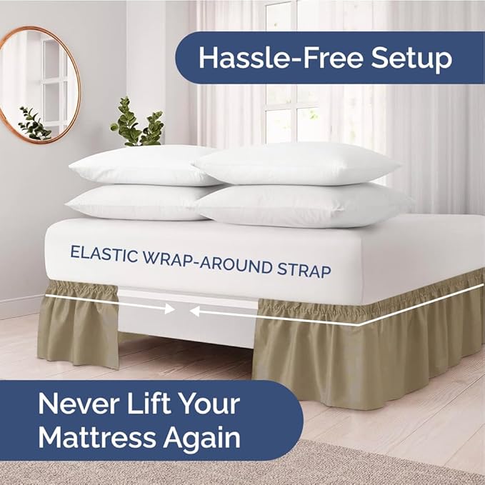 Wrap Around Dust Ruffle Bed Skirt - Khaki - for Full Size Beds w/ 12 Inch Drop - Easy Fit Elastic Strap - Adjustable Pleated Bedskirt w/Brushed Fabric - Wrinkle Free - for Women, Men, Kids & Teens