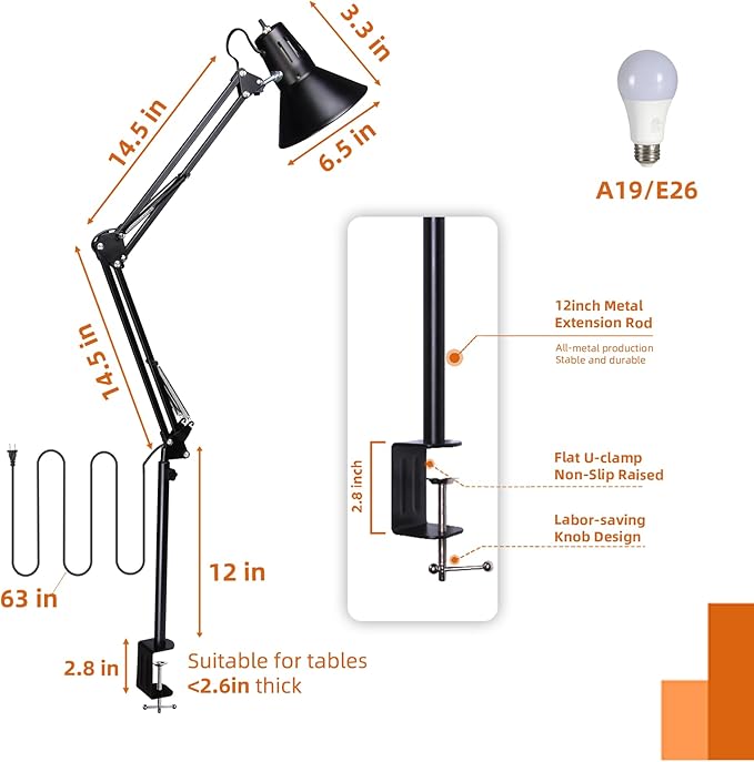 2 Pack LED Desk Lamp With Clamp for Office Home, Eye-Caring Desk Light with 360°Adjustable Extra Tall Metal Swing Arm, High Intensity Clamp w/A19 E26 Bulb for Working Reading, Table Lamps White/Warm