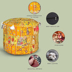 Aakriti Indian Footstool with Embroidery Pouf, Indian Cotton, Pouf, Ottoman Pouf Cover with Ethnic Decor Art – Cover (Yellow, 46 x 33 cm)