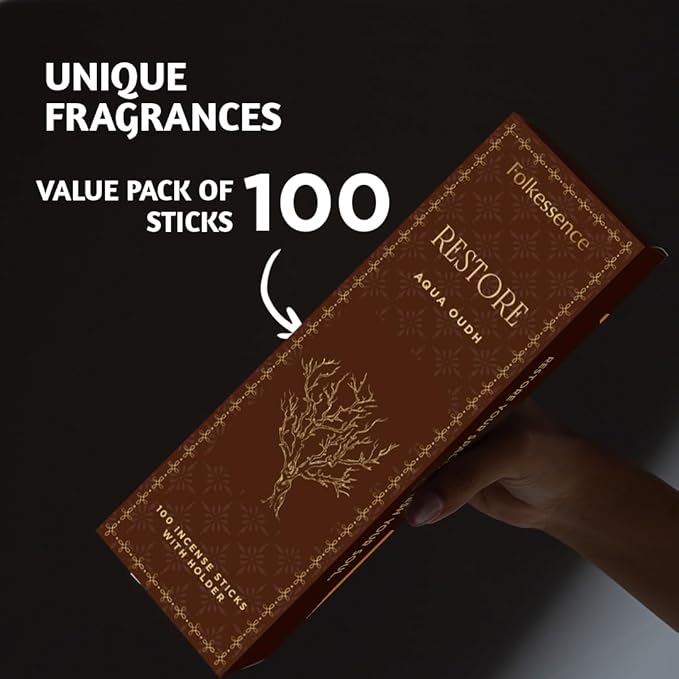 Folkulture Restore Incense Sticks with Holder (100 Sticks)| Oud Luxury Incense Stick for Meditation, Aromatherapy, Gifts for Women | No Charcoal,Organic,Non Toxic, 45 Mins