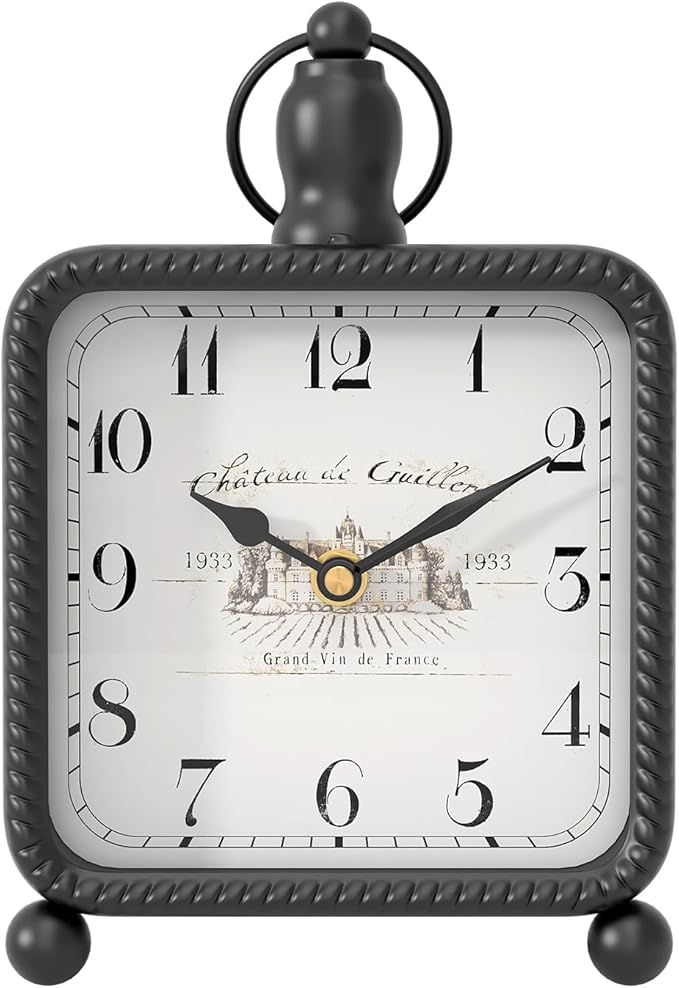 Vintage Black Table Clock on Stand, Desk and Shelf Decor Clock, French Rustic Style Mantel Clocks for Farmhouse, Living Room, Bedroom, Bedside, Gift (8.5" H x 5.5" W)